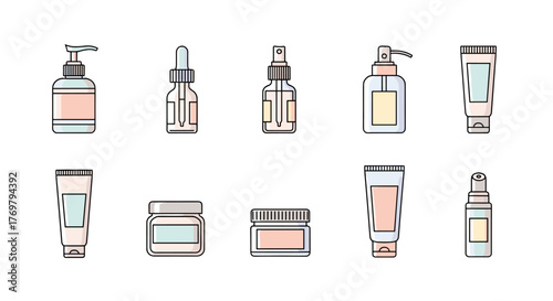Collection of flat design cosmetic bottles and jars, including pump dispensers, dropper bottles, spray bottles, and tubes, perfect for beauty, skincare, and wellness branding, presented as editable