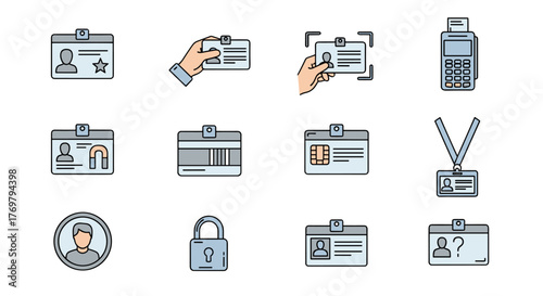 Collection of Employee ID Badge Related Line Icons with Editable Stroke, Perfect for Infographics, Articles, Books, Flyers, Banners, Vector Cartoon Illustrations, Featuring Security, Access, and