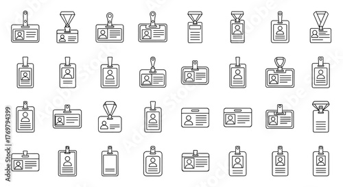 Collection of outline icons representing employee ID badges, featuring editable strokes, perfect for infographics, articles, books, flyers, and banners, presented as a vector cartoon illustration on