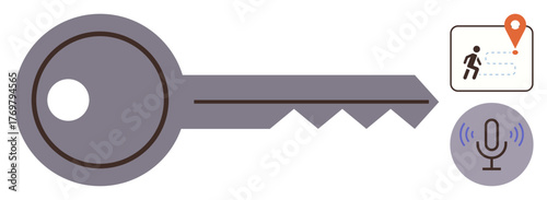 Gray key, microphone icon with sound waves, navigation pin tracking route. Ideal for security, technology, access control, authentication, navigation voice recognition modern technology. Simple