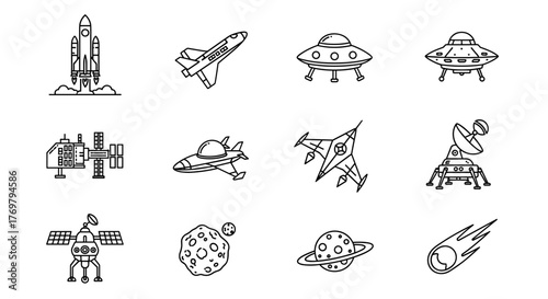 Collection of outline icons representing various spacecraft and celestial bodies, including rockets, UFOs, satellites, planets, and comets, perfect for infographics, articles, books, flyers, and