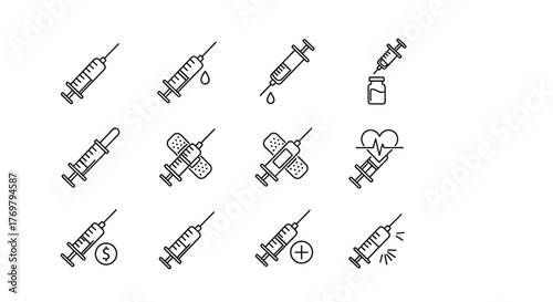 Collection of minimalistic linear syringe icons, representing medical injections, vaccinations, and healthcare treatments. This versatile vector set includes various styles like dropping liquid, vial