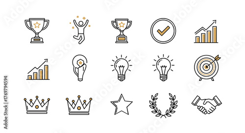 Collection of golden line art success icons on a black background, featuring trophies, jumping person, checkmark, growth chart, lightbulbs, target, crowns, star, laurel wreath, and handshake