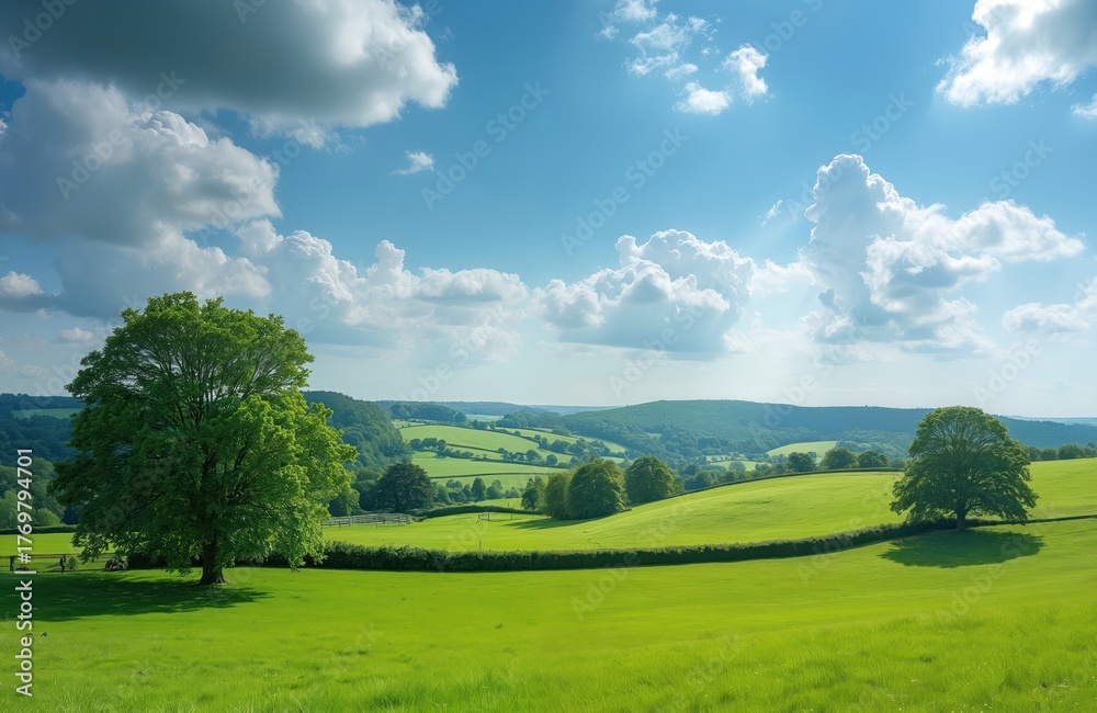 Obraz premium Lush green rolling hills with trees under a bright blue sky with fluffy clouds. This vibrant countryside vista shows UK farmland with hedgerows. Sunlight streams through the sky.