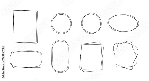 Collection of eight minimalist, hand-drawn vector frames and borders in various shapes including rectangles, ovals, and irregular forms, presented on a black background for versatile design