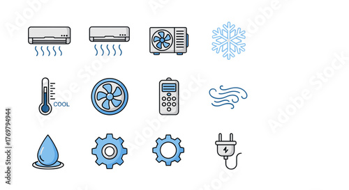 Collection of modern outline-style icons representing cooling and air conditioning technology, including split AC units, outdoor condenser, snowflake, thermometer, fan, remote control, wind, water