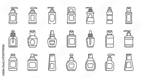 Collection of minimalistic linear pictograms representing various cosmetic bottles, including pump dispensers, dropper bottles, and flip-top containers, ideal for web, graphic design, apps, banners