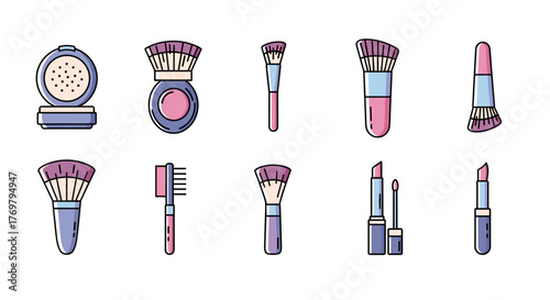 Set of modern outline style cosmetic icons including makeup brushes, powder compacts, and lipsticks, perfect for design projects, cards, apps, and social networks, presented as a vector cartoon
