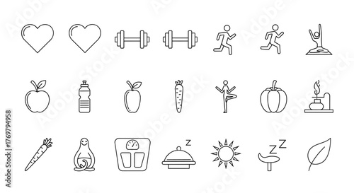 Collection of outline icons representing a healthy lifestyle and fitness, including hearts, dumbbells, running figures, apples, water bottles, carrots, yoga poses, pumpkins, candles, scales, food