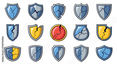 Set of 15 cracked shield icons in various shapes and colors, including blue, grey, yellow, and red, presented on a black background. These broken shield graphics are ideal for representing concepts