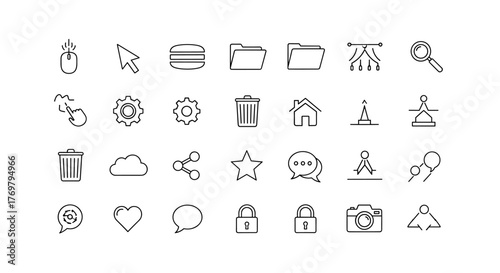 A collection of minimalistic linear pictograms and icons, featuring a cursor, hamburger, folders, search magnifying glass, settings gear, trash can, house, cloud, share icon, star, speech bubbles
