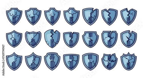 Collection of 18 cracked shield icons in a cartoon vector style, presented on a black background, showcasing various stages of damage and breakage, ideal for graphic design elements, game assets, or