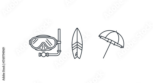 Collection of outline vector icons representing summer beach and water activities, including a diving mask with snorkel, a surfboard, and a beach umbrella, perfect for graphic and web design, app
