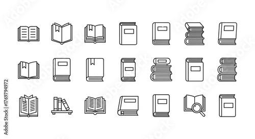 Collection of 16 editable line vector book icons, presented in a clean and organized manner on a white background, ideal for digital and print applications, representing knowledge, education, and