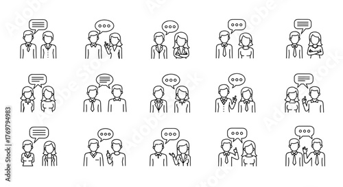 Set of 15 faceless people talking and communicating with speech bubbles, presented as outline vector illustrations on a black background, perfect for graphic and web design projects, conveying