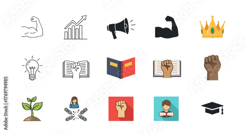 Empowerment Icon Set: A Diverse Collection of Symbols Representing Strength, Growth, Education, and Social Justice, Featuring Outline and Filled Styles for Versatile Application in Digital and Print