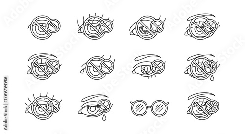 Set of stylized eye icons with a prohibition symbol, rendered in a thin, editable stroke vector illustration style, suitable for concepts related to censorship, privacy, or restricted vision