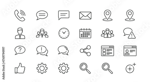 Essential contact and communication icon set, featuring a phone, speech bubbles, mail, location pins, user profiles, calendar, clock, settings gears, search magnifying glass, share icon, and thumbs