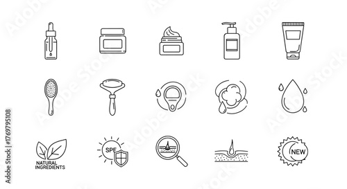 A collection of minimalistic linear pictograms representing skincare products and concepts, including serum bottles, jars, creams, lotions, face rollers, brushes, SPF protection, natural ingredients