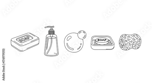 Minimalistic thin outline icons of soap bar, liquid soap dispenser, bubbles, and sponge on a black background, perfect for web design, graphic design, apps, banners, social networks, cards, and