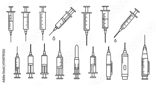 Collection of simple linear outline syringes and needles, editable stroke, perfect for websites, books, cards, apps, vector cartoon illustration, medical, healthcare, science, and research themes