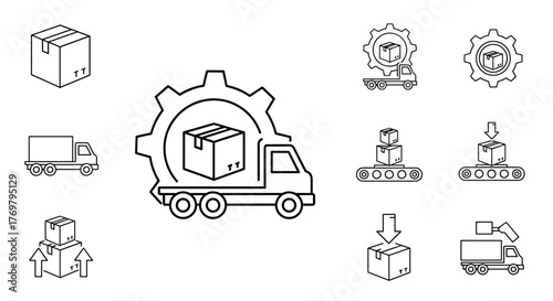 Thin line icon set representing logistics and delivery services, featuring a truck with a box inside a gear, individual boxes, and robotic arms handling packages, all on a clean white background