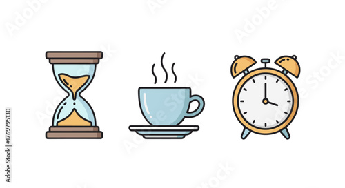 A trio of simple linear illustrations on a black background, featuring an hourglass symbolizing time passing, a steaming cup of coffee representing a break, and an alarm clock indicating punctuality