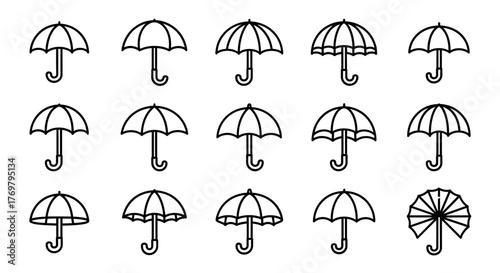 Set of 16 outline umbrella icons, parasol, bumbershoot, sign for graphics, designs, books, adverts, apps, vector cartoon illustration on a white background, ordered in a grid for easy use and visual