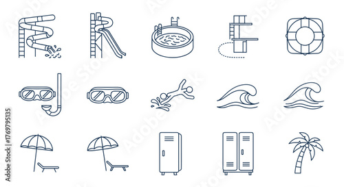 Collection of thin line icons representing water park and aquapark elements, including water slides, swimming pool, diving board, lifebuoy, snorkel, goggles, waves, beach umbrella, sun lounger