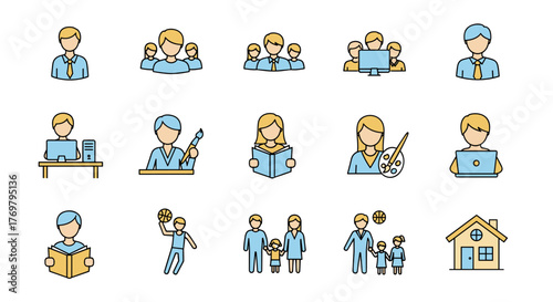 Vibrant and diverse set of outline icons representing various user-related activities and concepts, including professional staff, group dynamics, individual work, creative hobbies, family structures