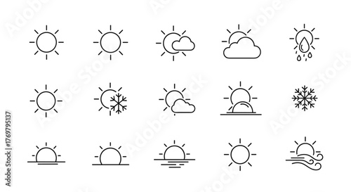 Collection of simple linear outline icons representing various weather conditions and natural phenomena, including sun, clouds, rain, snow, sunrise, sunset, and wind, perfect for digital and print