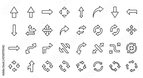 Diverse collection of outline arrow icons, perfect for graphic and web design, apps, advertisements, and various cards. This vector cartoon illustration features a white background, offering