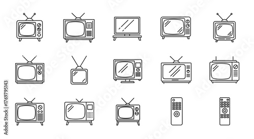 Minimalistic linear icon set of televisions, editable stroke, featuring various television designs from retro to modern, perfect for digital interfaces, app design, website banners, social media