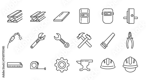 A comprehensive set of clean, editable line icons representing steel and metalworking, featuring essential tools and materials like I-beams, metal sheets, welding equipment, wrenches, hammers, saws