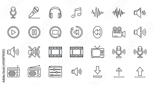 Collection of audio and video web icons in a clean line style, perfect for web and mobile applications, featuring elements like microphones, headphones, musical notes, sound waves, play and pause
