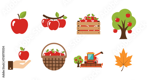 Vibrant flat icon set showcasing the apple orchard harvest during autumn, featuring individual apples, apples on branches, a wooden crate full of apples, a mature apple tree laden with fruit, a hand