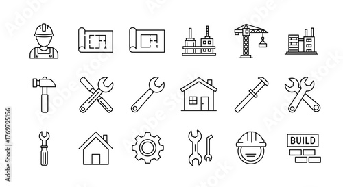 Construction thin line icons set featuring builder, design elements, crane, tools, house, and repair symbols, representing building and industry concepts with editable strokes and ordered line art