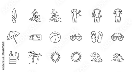 Collection of thin line icons representing surfing and beach activities, including a surfboard, surfers riding waves, wetsuits, beach umbrella, caravan, beach ball, sunglasses, flip-flops, palm tree