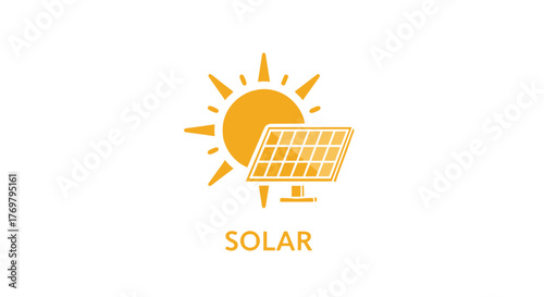 Bright yellow sun and solar panel illustration on a black background, symbolizing clean energy and sustainability. This graphic represents renewable power sources, environmental consciousness, and