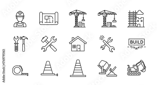 Construction thin line icons set featuring a builder, blueprint, cranes, tools, house, repair elements, and a concrete mixer, symbolizing the building industry and renovation processes with editable