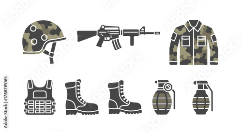 Flat design icons of military combat gear, including a camouflage helmet, assault rifle, uniform jacket, tactical vest, combat boots, and grenades, presented in a clean, solid, and filled style on a