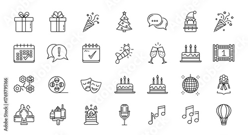 A collection of 30 white line-art icons on a black background, representing various event planning and celebration elements, including gifts, party poppers, Christmas trees, chat bubbles, calendars