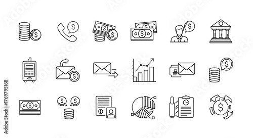 Set of business and finance line icons, including money, coins, bank, phone, mail, charts, and briefcase, perfect for web design, infographics, and presentations, representing financial concepts and