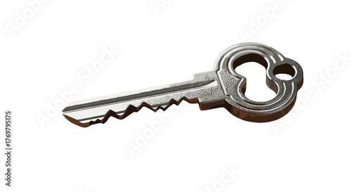 Close-up of a single, metallic silver key with a serrated edge and a decorative bow, isolated on a stark black background, symbolizing access, security, and solutions.