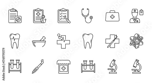 Collection of medical and healthcare web icons in line style, including medicine, check-up, doctor, dentistry, pharmacy, lab, and scientific discovery elements, representing a comprehensive set for