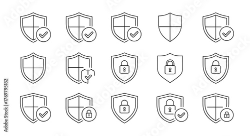 Set of security shield icons, featuring logotypes with check marks and padlocks, representing security shield symbols and concepts. This vector illustration showcases ordered line icons for digital