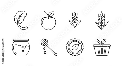 A collection of clean, minimalist line icons representing organic food and natural products, featuring a leafy green, a ripe apple, wheat stalks, a jar of honey with a dipper, a circular emblem with
