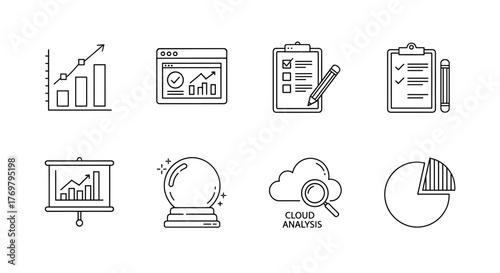 Statistics icon set featuring data visualization, web analytics dashboard, survey checklist with pencil, document with notes, presentation slide with graph, crystal ball for prediction, cloud