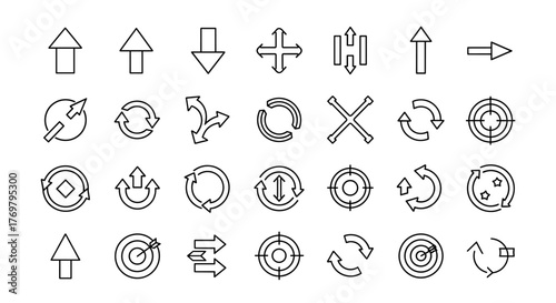 Collection of Arrow and Round Related Line Icons, Outline Signs for Graphic and Web Design, Apps, Adverts, Various Cards, Vector Cartoon Illustration. A versatile set of directional and circular