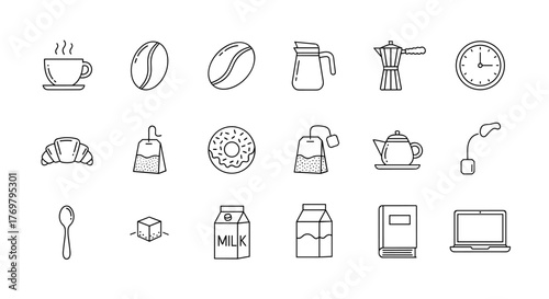 A collection of 15 minimalist line icons on a black background, featuring coffee-related items like a steaming cup, coffee beans, a French press, a coffee pot, and a clock, alongside breakfast treats
